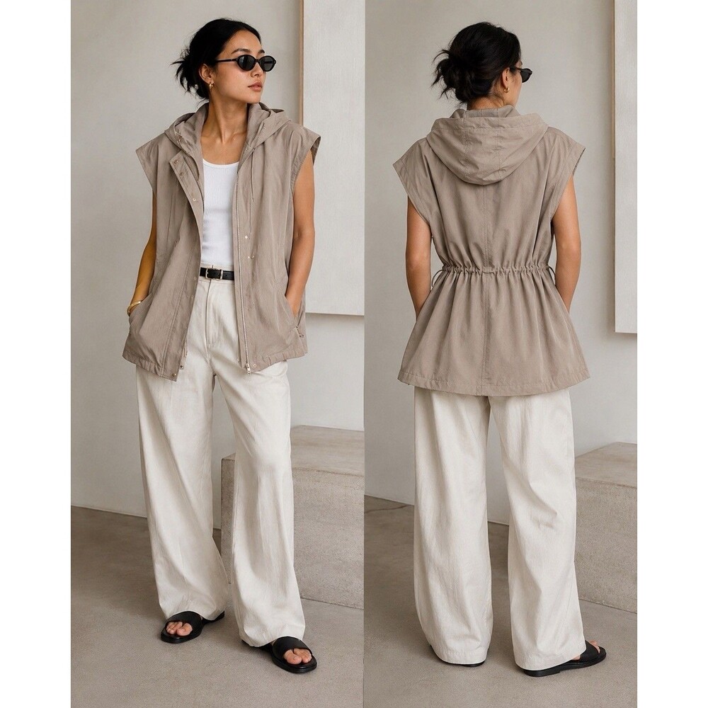 Vince Hooded Utility Vest Womens L Taupe Cotton Blend Removable Hood Oversized